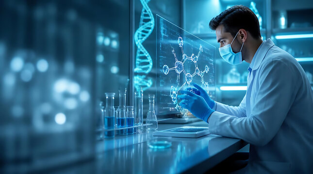 scientist in modern laboratory analyzing molecular structures and DNA sequences for genetic research and breakthroughs in
