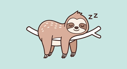 Naklejka premium Cute cartoon sloth sleeping on a tree branch, peaceful and relaxed, with 'zzZ' text.