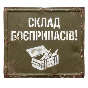 Distressed, rusty olive green metal sign with "&ETH;&iexcl;&ETH;&scaron;&ETH;&rsaquo;&ETH;&ETH;&rdquo; &ETH;&lsquo;&ETH;ž&ETH;&bdquo;&ETH;&Yuml;&ETH;&nbsp;&ETH;&tilde;&ETH;&Yuml;&ETH;&ETH;&iexcl;&ETH;&dagger;&ETH;&rsquo;!" (Ammunition Warehouse) stenciled in white, with a graphic of shells in a crate.