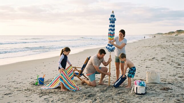 Family setting up beach umbrella on a sandy shore with ocean waves in background
