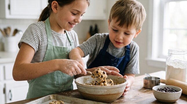 Two siblings happily baking chocolate chip cookies together in a bright kitchen