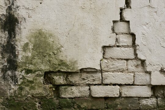Weathered facade with crumbling plaster, exposed brick, and green algae
