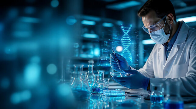 scientist conducting genetic research with modern laboratory equipment and DNA replication models