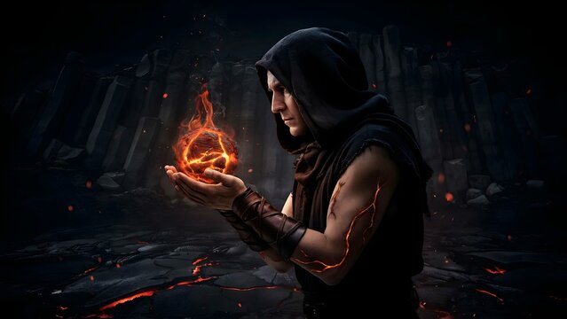 Mysterious Sorcerer Cradling Fiery Orb of Magic in Dark Setting
