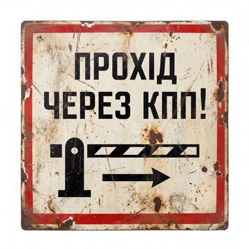 An old, rusty square metal sign with Ukrainian text "&ETH;&Yuml;&ETH;&nbsp;&ETH;ž&ETH;&yen;&ETH;&dagger;&ETH;&rdquo; &ETH;&sect;&ETH;&bull;&ETH;&nbsp;&ETH;&bull;&ETH;&mdash; &ETH;&scaron;&ETH;&Yuml;&ETH;&Yuml;!" (Passage through Checkpoint!) and a barrier graphic, isolated on white. Distressed vintage warning symbol.