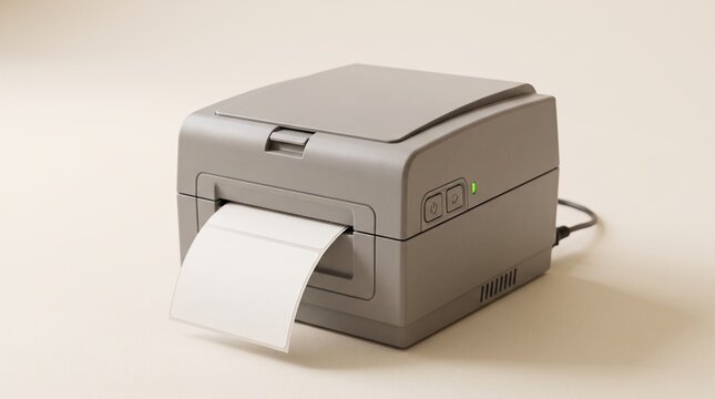 Compact grey thermal shipping label printer printing blank white adhesive stickers on a neutral studio background for logistics