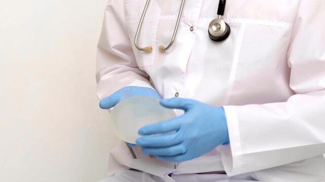Doctor in white coat displaying anatomical and round breast implants during an aesthetic medicine consultation, plastic surgery clinic, augmentation mammoplasty options.
