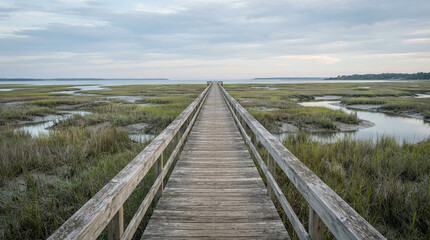 Obraz premium Weathered boardwalk with railings crossing a marsh toward open water and distant shoreline