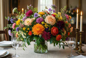 Naklejka premium Celebration and special occasion dining, vibrant floral centerpiece with candles on an elegant dinner table setting
