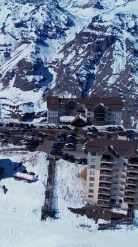 Vale Nevado Ski Resort In Andes Mountains Santiago Chile. Aerial View Of A Ski Resort Nestled In The Snowy Mountains. Valley Landscape. Snow Andes Mountains. Andes Mountains Santiago.