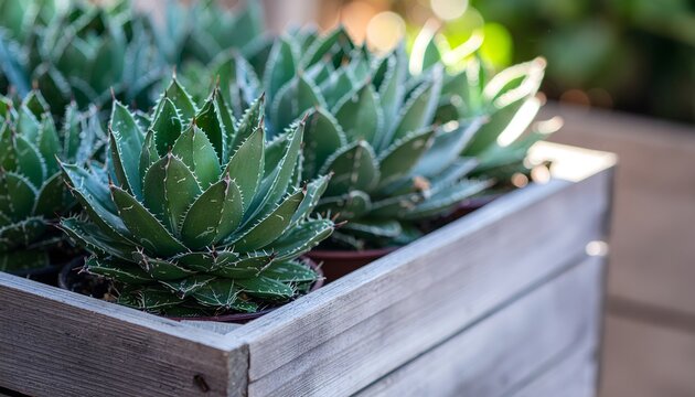 Close up of small green succulent plants growing in a wooden planter box.