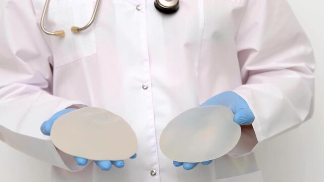 Plastic surgeon holding two round silicone breast implants to showcase options for augmentation mammoplasty, aesthetic medicine clinic consultation, patient care and choice.