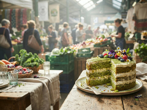 Layered green cake sits on a wooden table inside a busy indoor food market