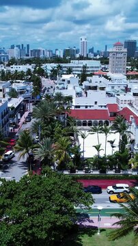 Versace Mansion In Miami Beach Florida United States. Amazing Skysrapers And Traffic On Street Viewed From Above. Urban Backgrounds. Downtown Cityscape. Miami Beach Florida.