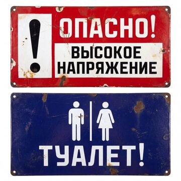 Two weathered, rusty Soviet-era metal enamel signs. Red "DANGER! HIGH VOLTAGE" and blue "TOILET!" with male/female icons and Cyrillic text. Isolated on white.