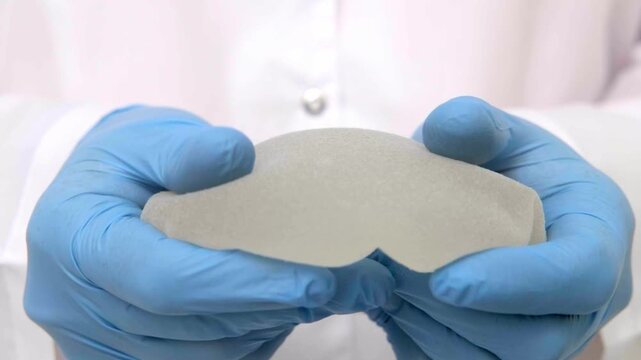 Medical specialist in blue gloves demonstrating breast implant resilience and elasticity during a plastic surgery consultation, aesthetic medicine clinic, patient care video.