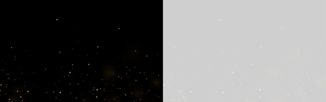 Scattered glowing golden particles with a transparent background for overlay effects on transparent background