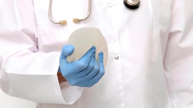 Plastic surgeon holding a textured silicone breast implant for augmentation mammoplasty and aesthetic medicine consultation, medical clinic presentation, patient education.