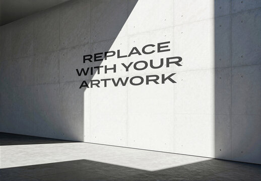 Vertical poster mockup displayed on a concrete wall interior with natural diagonal sunlight, minimalist architectural space featuring tiled floor, design