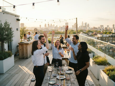 Colleagues raise glasses in celebration around a rooftop table above a city skyline