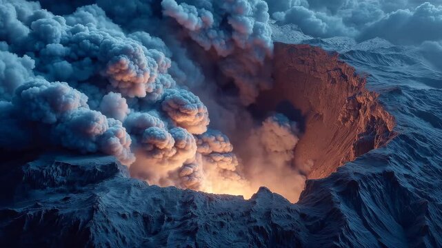 Volcano eruption aerial drone view smoke ash cinematic disaster b-roll for documentary background footage