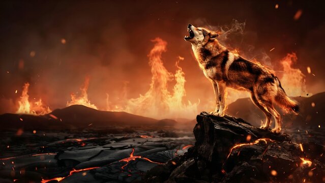Fiery Wolf Howling Amidst Volcanic Eruption with Flames Surrounding