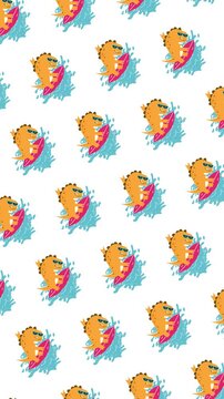 Vertical surfer dinosaur seamless pattern looping animation