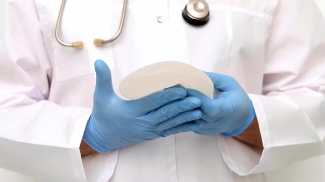 Plastic surgeon blue gloves squeezing  breast implant  demonstrate elasticity, aesthetic medicine and augmentation mammoplasty healthcare presentation, medical consultation, surgical demonstration.