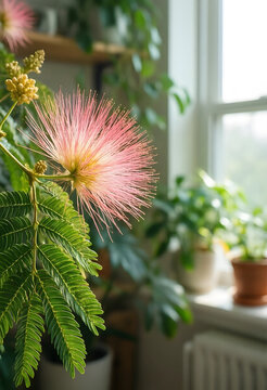Indoor gardening and home decor, mimosa silk tree flower with green leaves and potted plants by a bright window