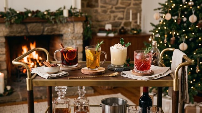 Cozy holiday drinks served on a bar cart by a roaring fireplace and Christmas tree