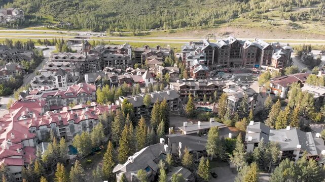 Vail, Colorado. Aerial city view on a beautiful sunny summer day. Slow motion