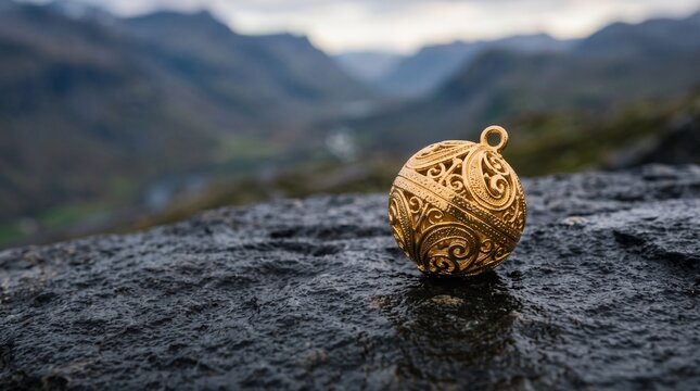 Ornate golden bauble rests on a wet, dark rock with misty mountains behind