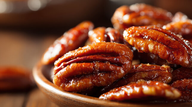 Candied pecans with glossy maple glaze in a wooden bowl, warm golden brown tones and caramelized texture