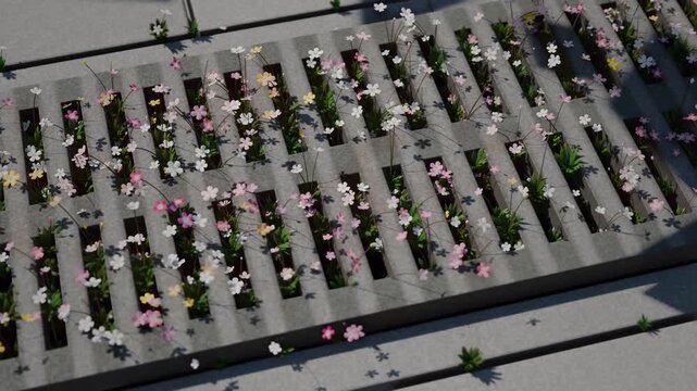 Wildflowers growing through a concrete grate. Looped animation