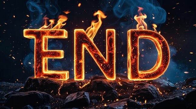 Flaming letters spelling end set upon jagged black volcanic rocks with intense orange and blue flames