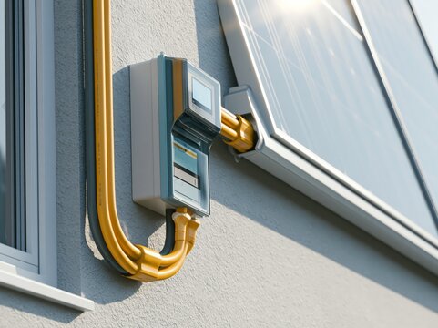 Close-up view of smart utility meter connected to solar panel on grey stucco wall in bright daylight