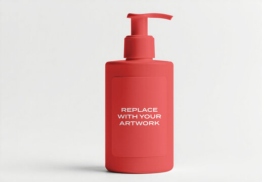 Pump bottle mockup with blank label space for branding, product packaging template on a flat white surface, studio shot commercial graphic design presentation