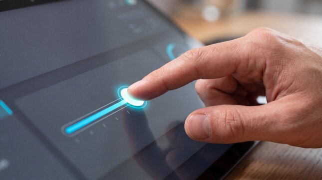 Close up of a person using a finger to slide a glowing blue progress bar on a digital ad social media download thambnail poster web template event festival 2026 2027 2028