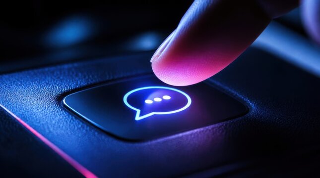 Finger pressing glowing chat bubble icon on modern control panel