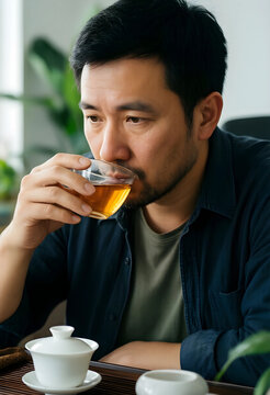 Mindfulness and relaxation man drinking traditional tea wellness and healthy lifestyle calm moment at home