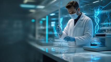 Fototapeta premium scientist conducting molecular analysis with advanced gene editing technology in a futuristic laboratory environment high-tech