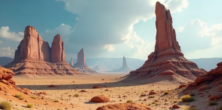 Enigmatic rock formations rise from a desolate landscape, hinting at ancient geological processes and untold secrets Shadows deepen the mystery of their origins and age , environment, unexplained
