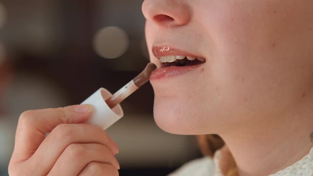 Side-front close view of person applying glossy lip color with wand applicator, mouth slightly parted, skin softly lit, hand in frame, reflective highlights adding fresh beauty look