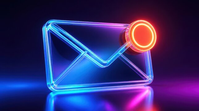 Glowing blue neon envelope icon with red notification symbol for digital messaging