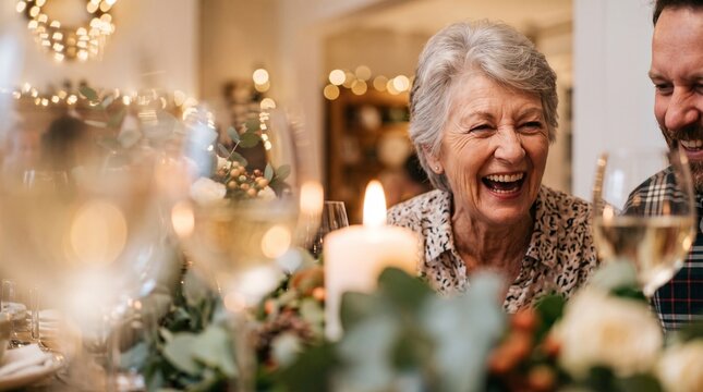 Elderly woman laughing heartily at a festive family dinner with warm lights