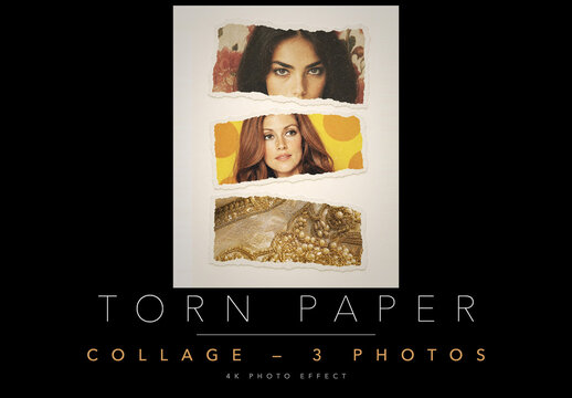 Torn Paper Collage Photo Effect Template - Ripped Paper Magazine Cutout Collage with 3 Editable Smart Objects, Vintage Faded Paper and Dust Texture, PSD