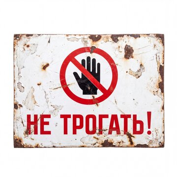 A distressed, rusty metal sign with a red 'Do Not Touch' symbol and Russian text '&ETH;&ETH;&bull; &ETH;&cent;&ETH;&nbsp;&ETH;ž&ETH;&ldquo;&ETH;&ETH;&cent;&ETH;&not;!' (Do Not Touch), isolated on white.