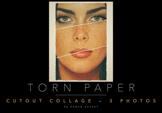 Torn Paper Face Collage Photo Effect Template - Splice 3 Portraits into One Face, 1970s Ripped Magazine Cutout, 3 Editable Smart Objects, Faded Print, Halftone and Dust Texture, PSD