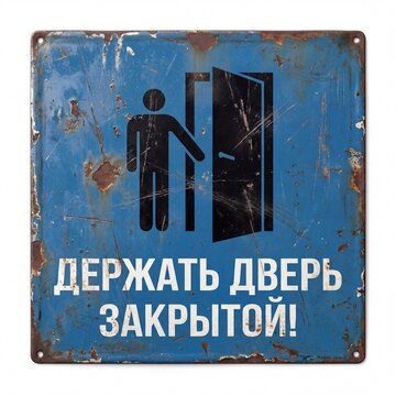 Close-up of a weathered, rusty blue Soviet-era warning sign, 'Keep the Door Closed!' (Russian text) with a pictogram. Retro industrial isolation on white.