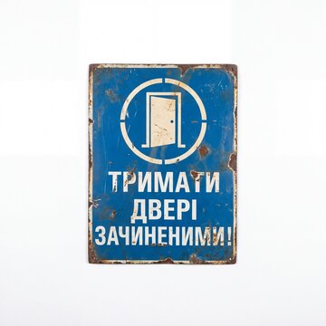 Old, weathered blue metal sign with 'Keep Doors Closed' in Ukrainian (Cyrillic) text and a door icon, isolated on a clean white background. Retro aesthetic.